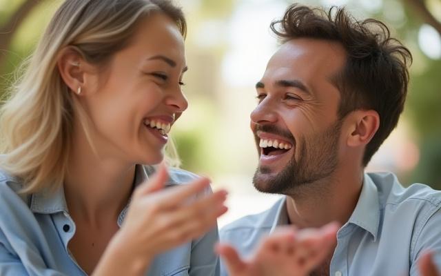 Two people laughing and talking via video call, indicating conversational English practice